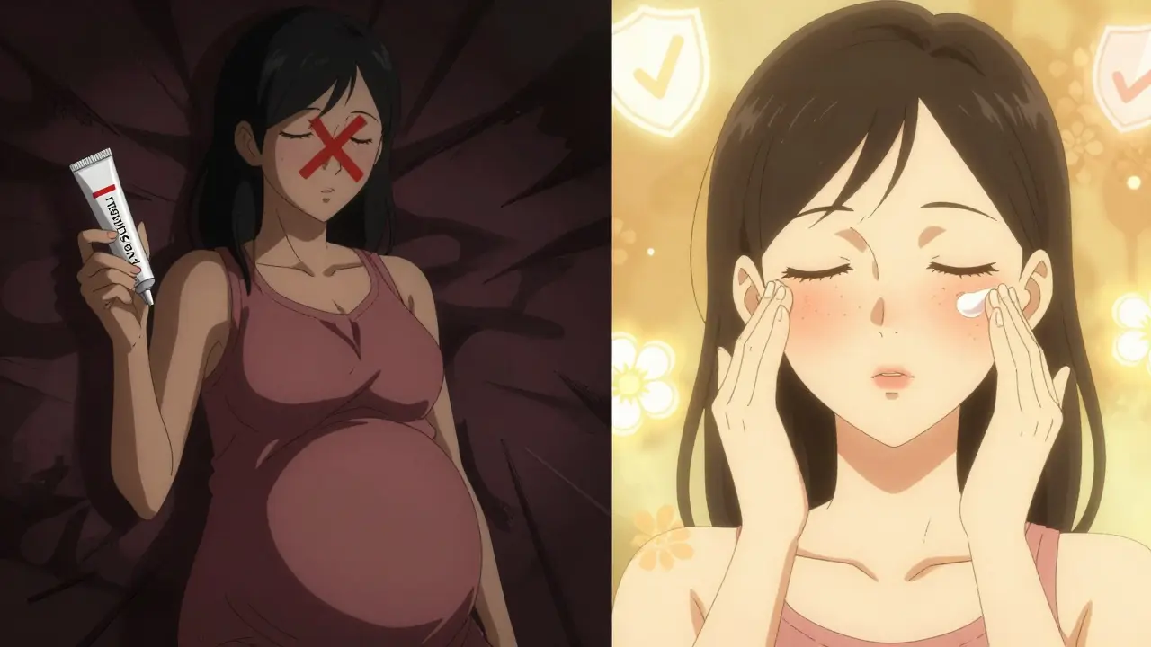 Contrast between dangerous retinoid cream with red X and safe azelaic acid cream glowing on face.