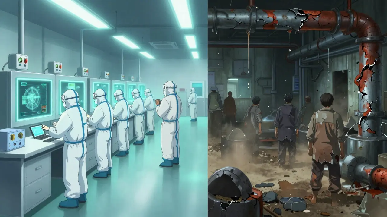 Contrasting cleanroom safety in Japan with a dilapidated factory in India under eerie lighting.