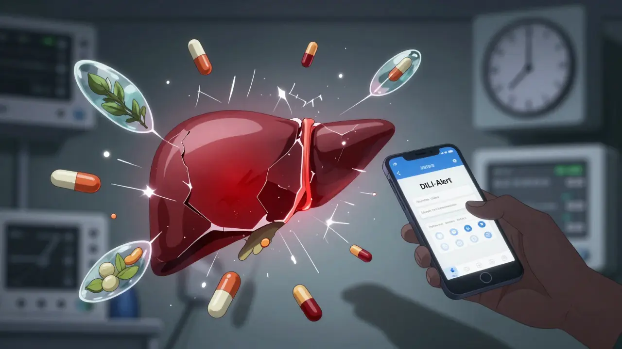 Cracked glowing liver with pills floating around, hand reaching for a smartphone app.
