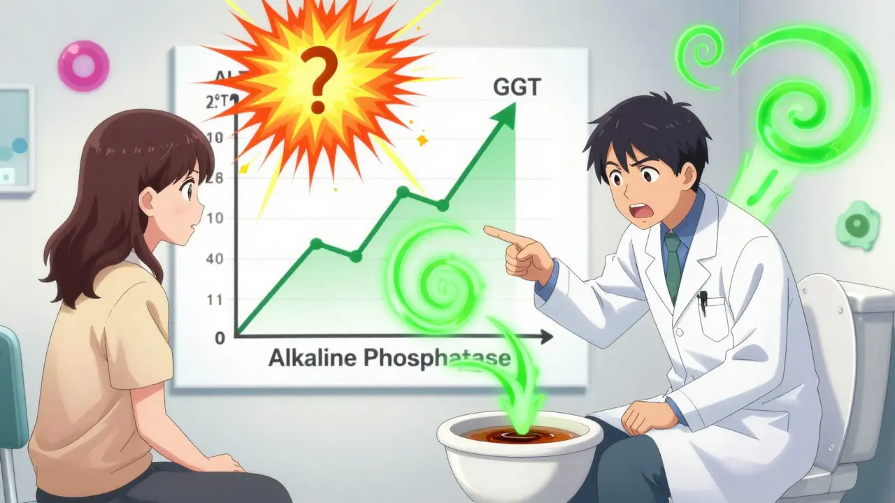 Doctor and patient facing rising liver enzyme graphs, dark urine visible in foreground.