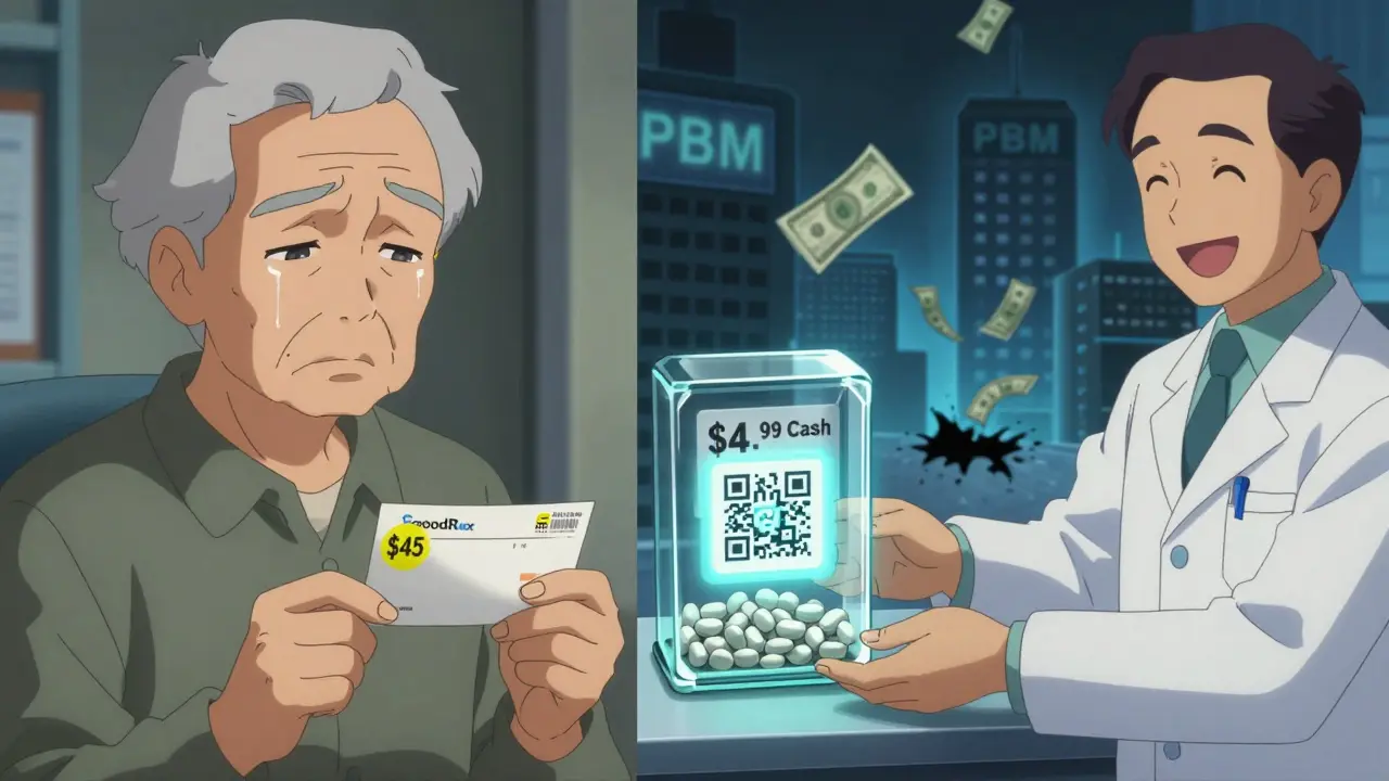 Elderly patient comparing high insurance copay with low cash price for a generic pill, illustrated in anime style.
