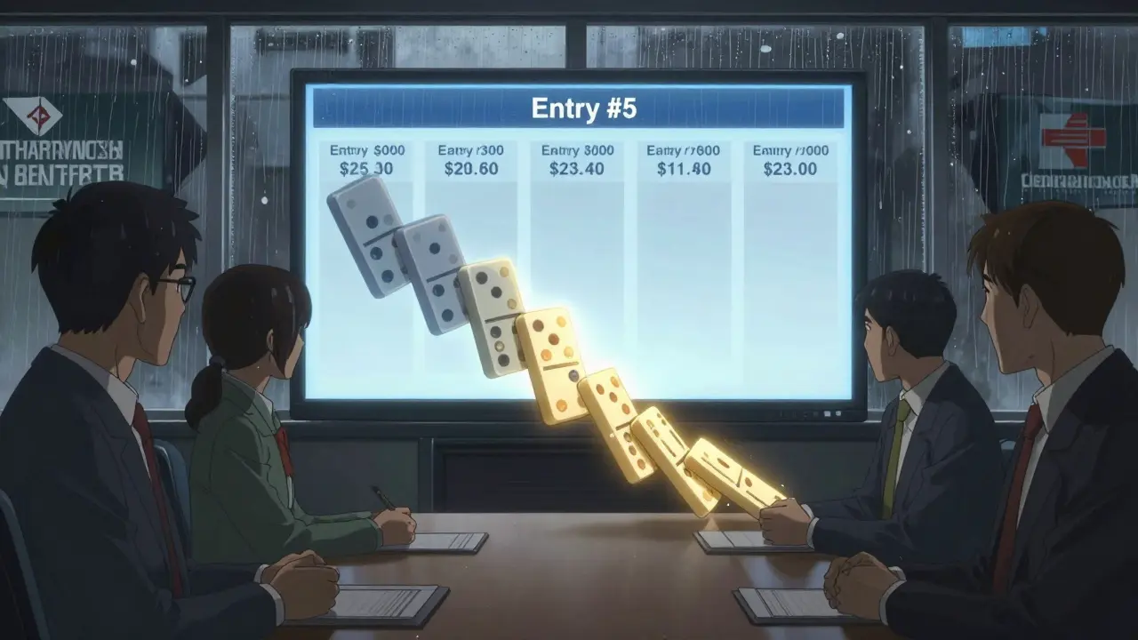 Five generic drug prices fall like dominoes as the lowest bidder claims the entire market contract.
