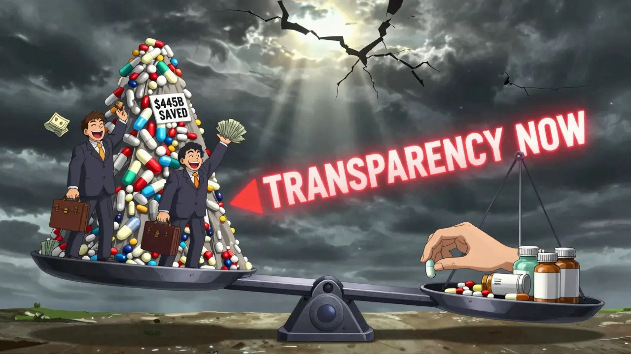 Giant scale balancing massive savings for insurers versus patient struggle to afford medication in anime art style.