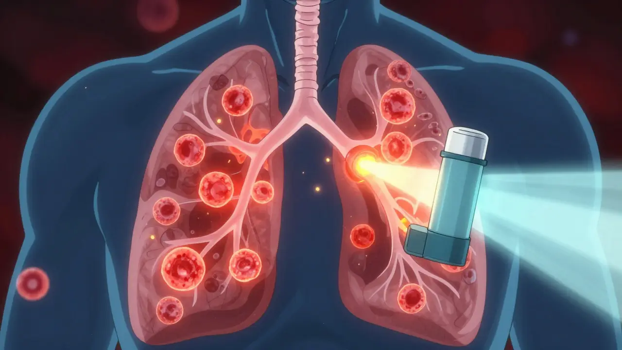 Glowing eosinophil cells in lungs targeted by triple therapy light, blocking pneumonia bacteria in medical visualization.