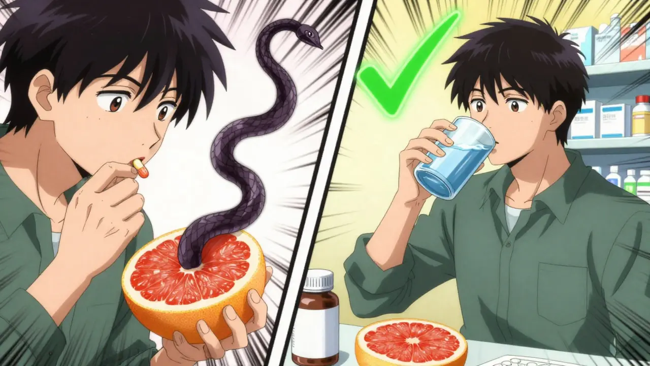 Grapefruit causes dangerous interaction with medication, then resolved after pharmacist advice.