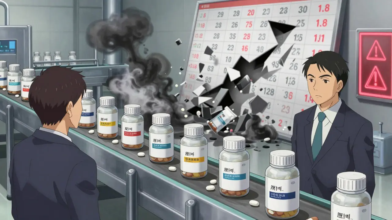 Identical pills from multiple brands flow from one factory, with prices collapsing in the background.