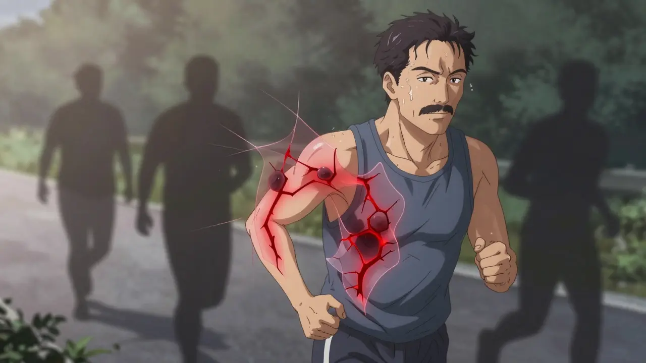 Man jogging at dawn with translucent unstable plaques glowing in his arteries, shadows of risk factors behind him.