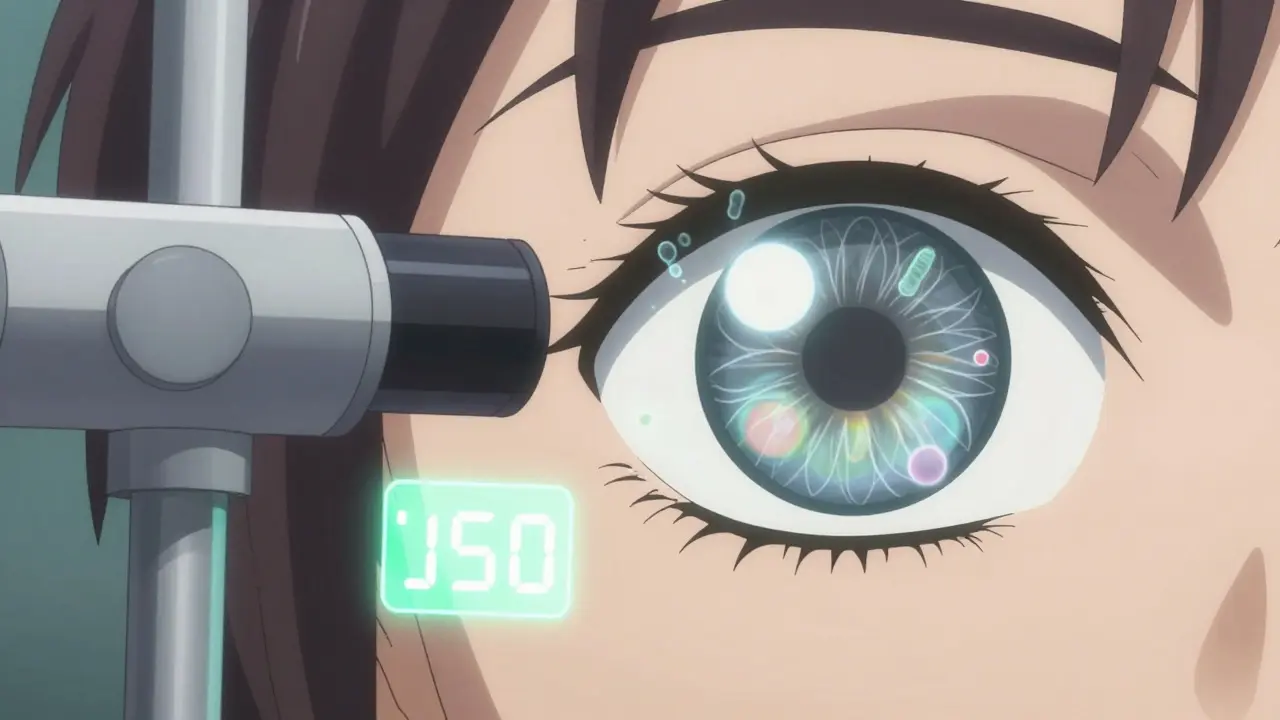 Ophthalmologist testing eye pressure as cataracts and infection spores form in the patient's eye.