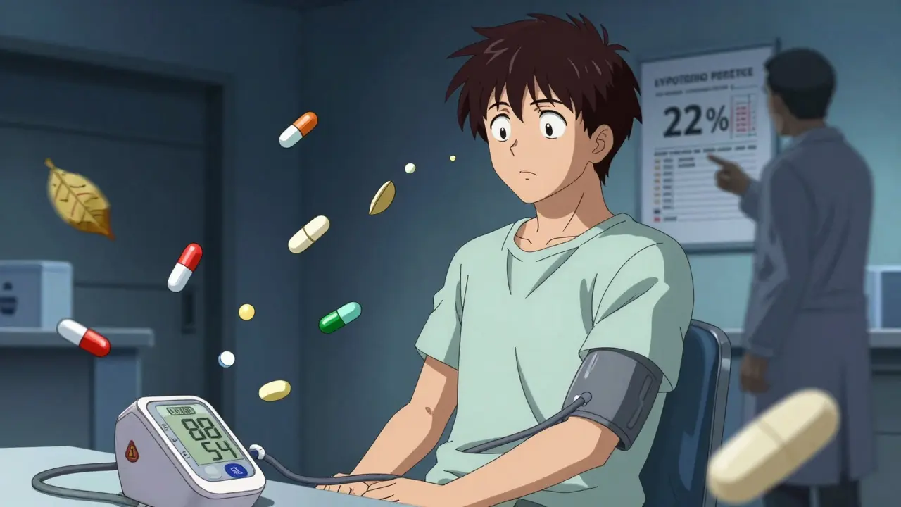 Patient experiencing dizziness as blood pressure drops, with floating medication bottles and a monitor showing critical readings.