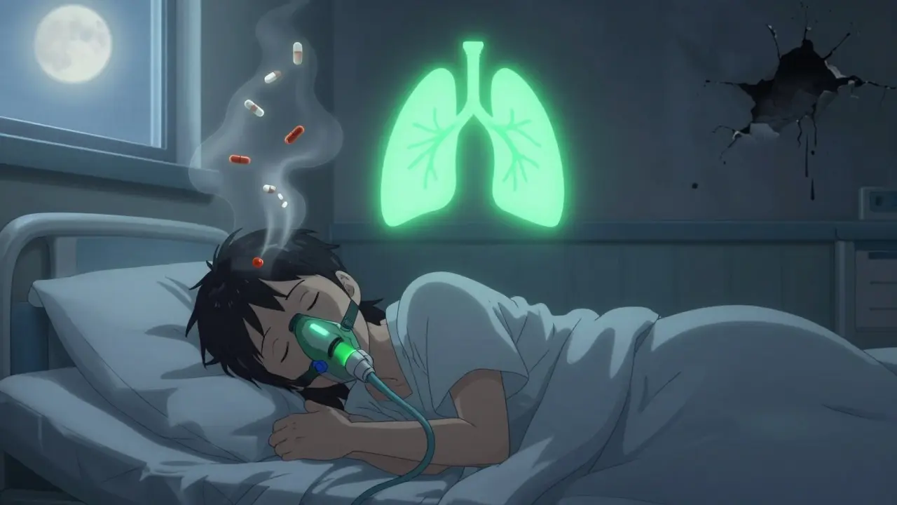 Patient sleeping with CPAP, harmful pills dissolving into mist while healthy lungs pulse gently.