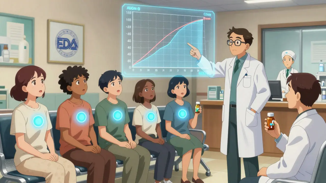 Patients in a clinic with glowing energy pulses representing identical drug effects.