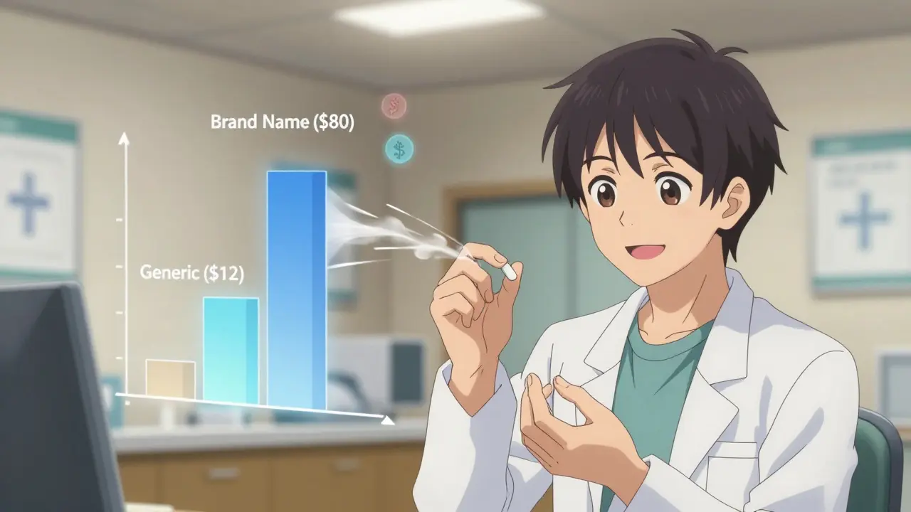Pharmacist handing a generic pill to a patient with a cost comparison graph fading in the background.