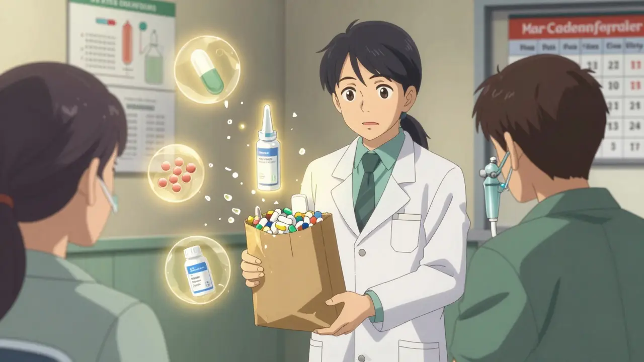 Pharmacist reviewing medications with patient, dangerous drugs shattering as safe ones glow.