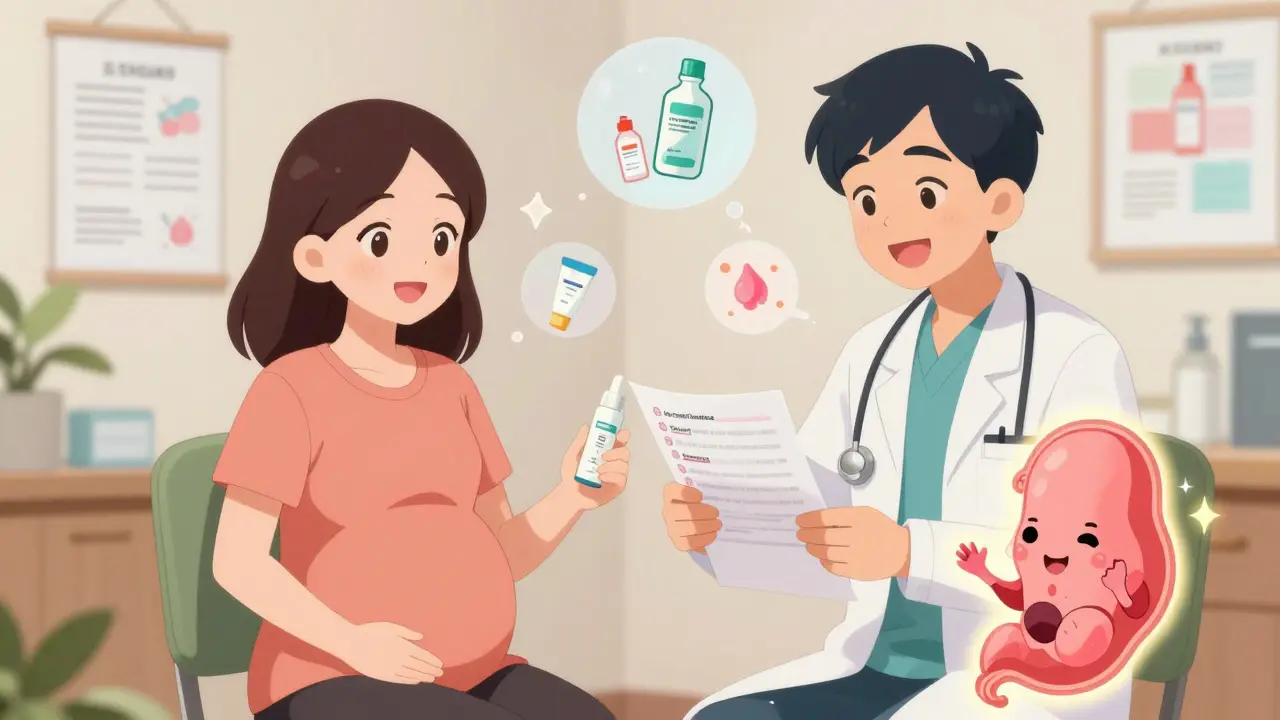 Pregnant woman with doctors reviewing safe skincare options in bright clinic, placenta icon smiling beside her.