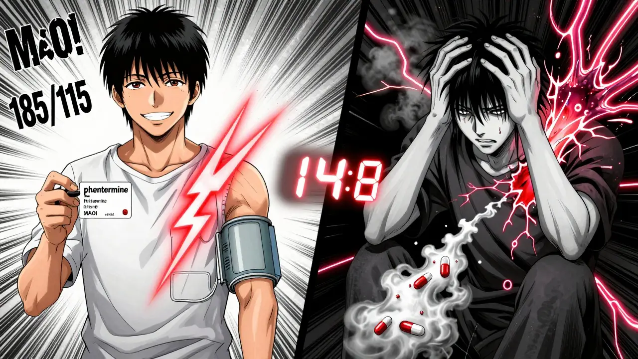 Split image showing phentermine causing dangerous blood pressure spike and hypertensive crisis with a 14-day warning timer.