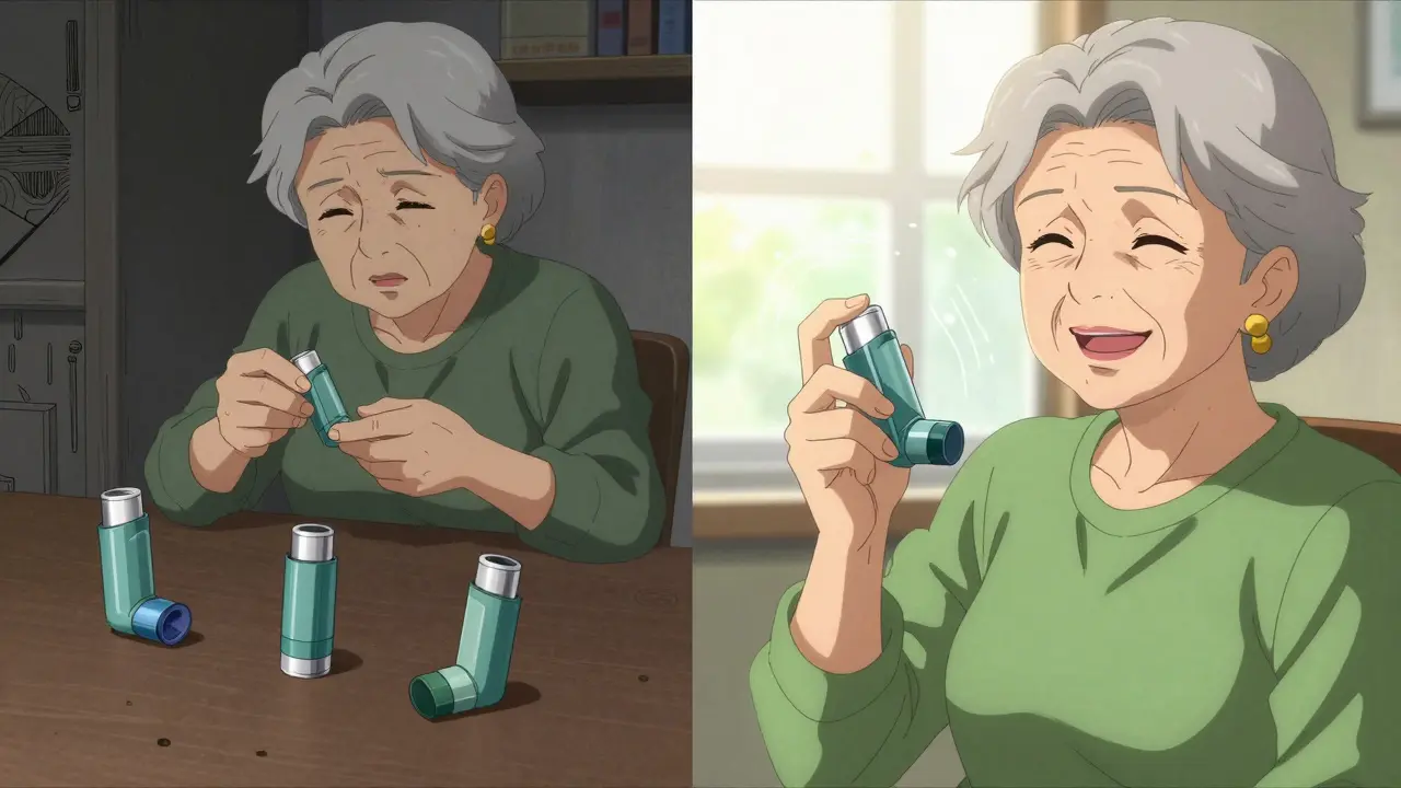 Split scene: confused woman with three inhalers vs. calm woman using one device, symbolizing improved adherence.