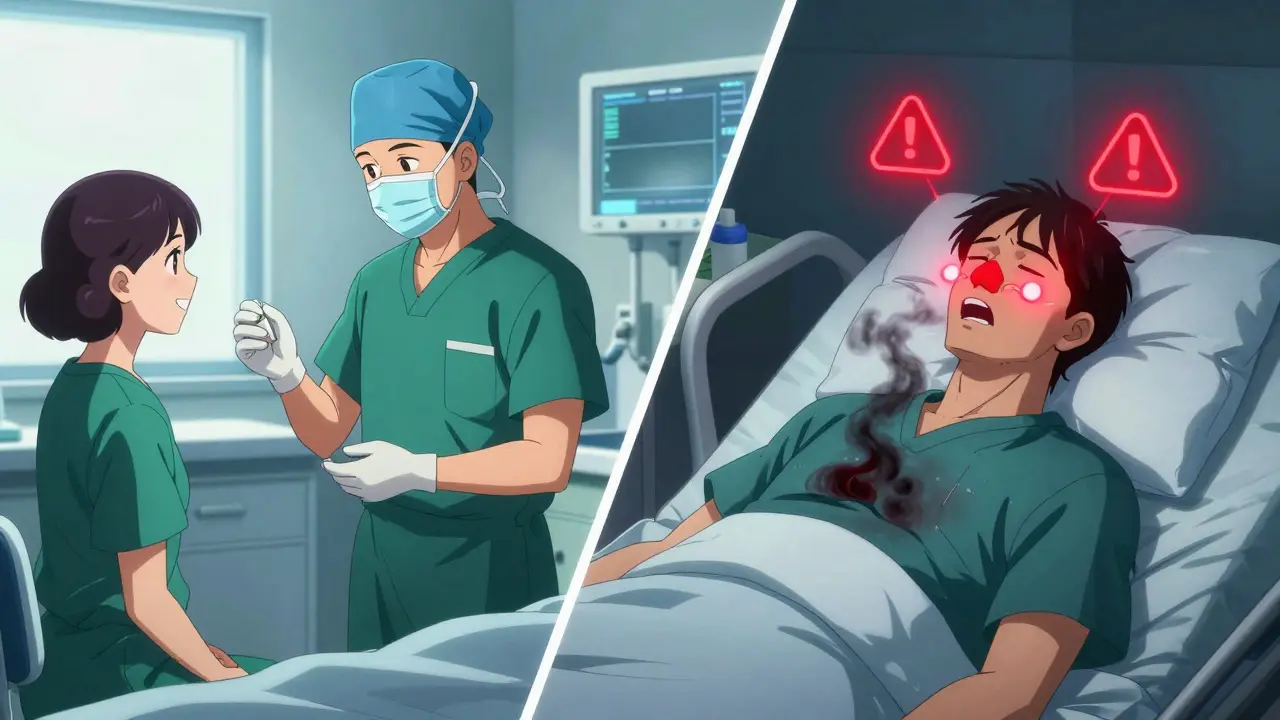 Split scene: doctor prescribing pills vs. same patient unconscious with dark smoke rising from mouth, symbolizing breathing failure.