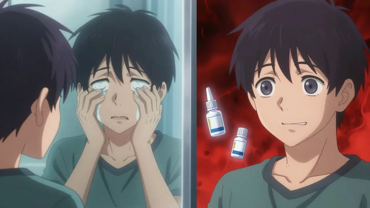 Split scene: patient with cloudy vision on left, clear vision on right, symbolizing safe steroid use and recovery.