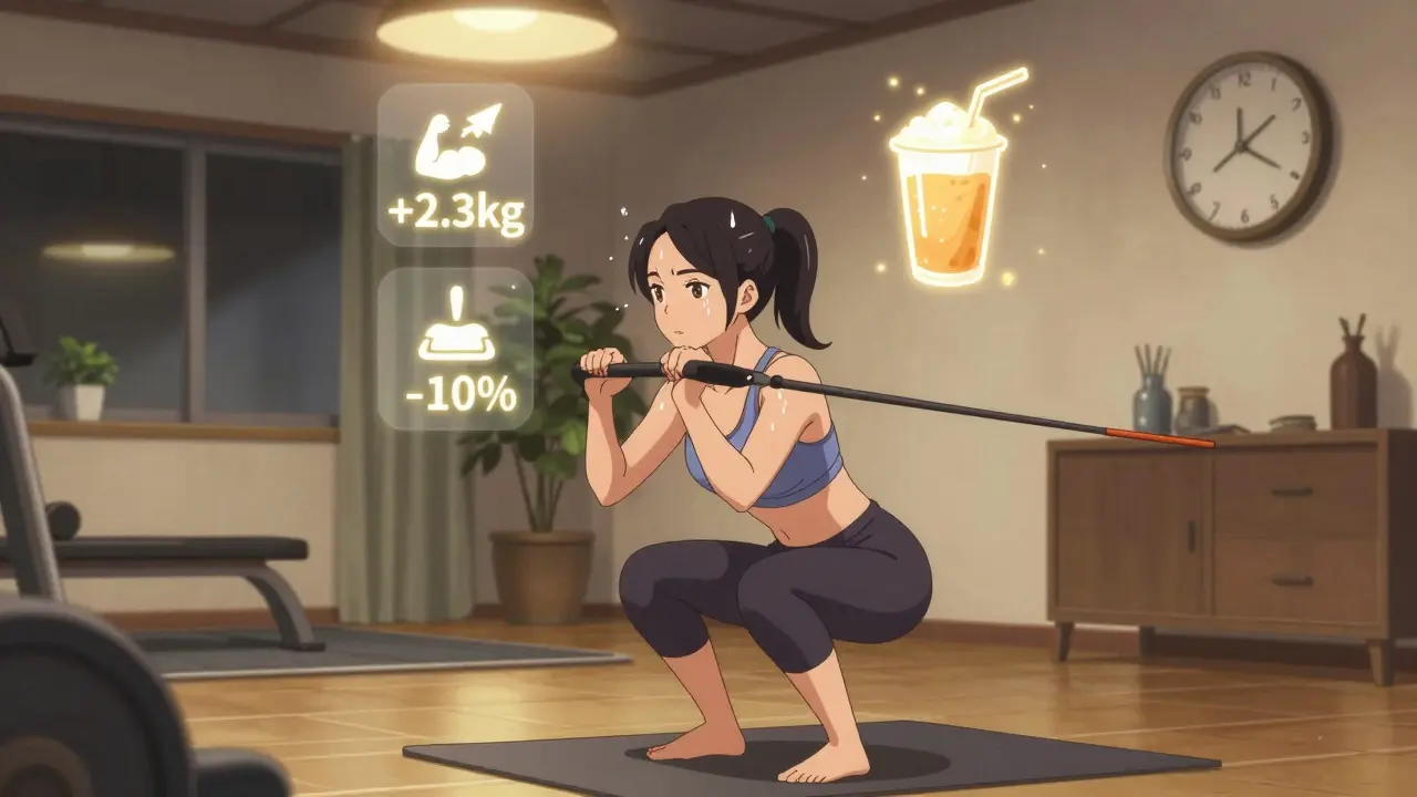 Woman doing strength training at home with floating icons showing muscle gain and fat loss, bathed in warm morning light.