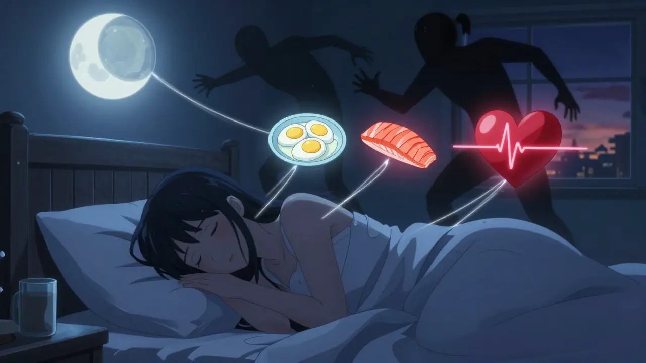 Woman sleeping peacefully as symbols of sleep, protein, and hormones float around her, with calming light signaling restored balance.