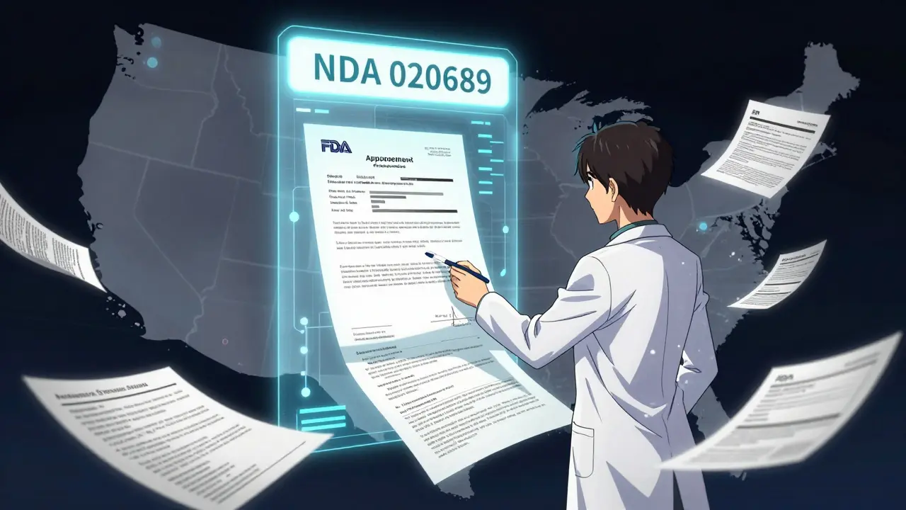 A glowing FDA application number opens a portal to regulatory documents, swirling around a researcher in a lab.