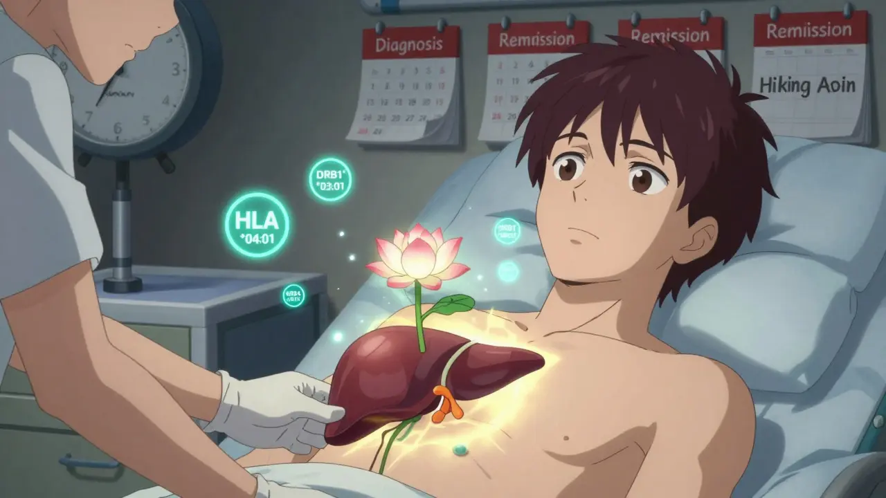 A glowing liver being transplanted with floating gene symbols, a patient looking determined as a lotus blooms from the organ, symbolizing recovery.