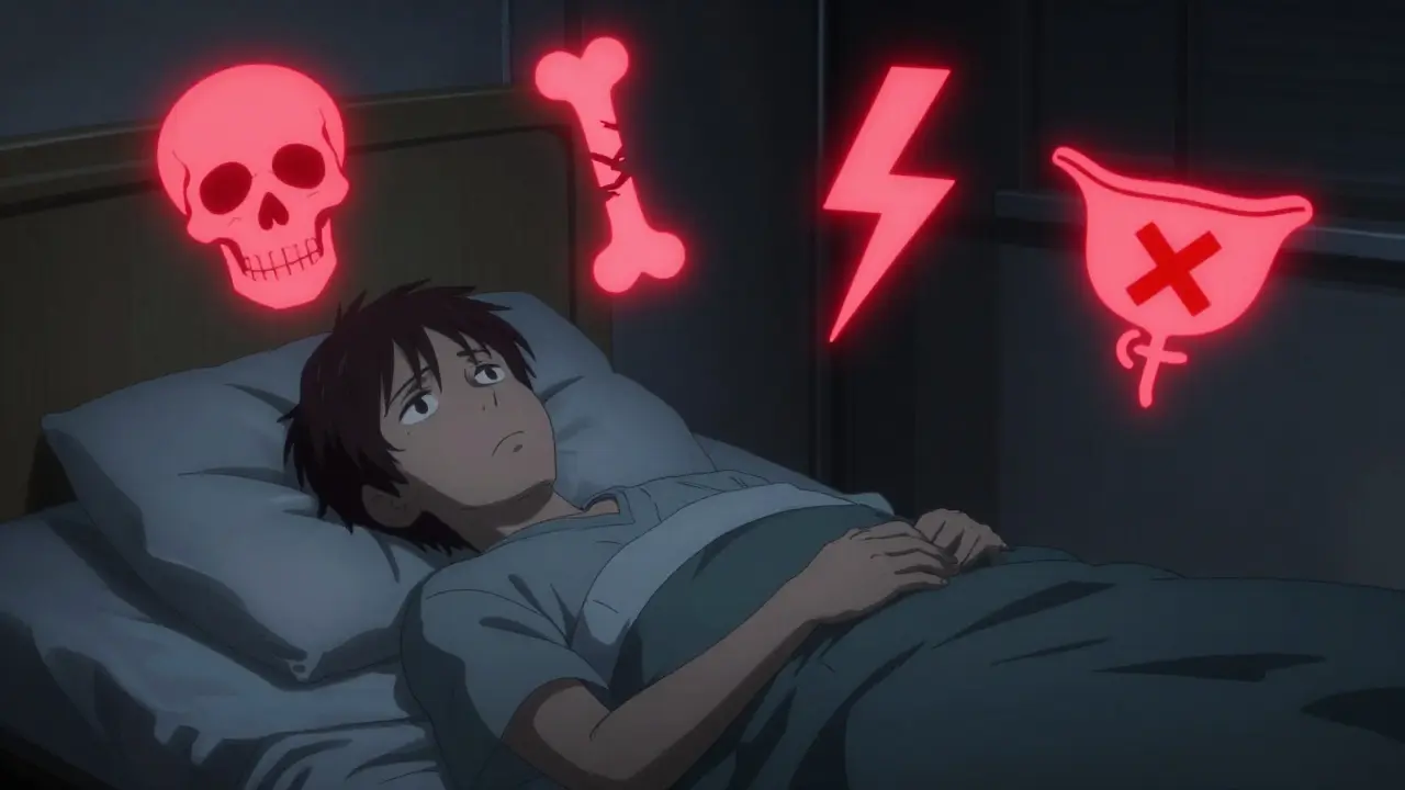 A patient in bed with glowing warning symbols representing cancer, fracture, and nerve damage.