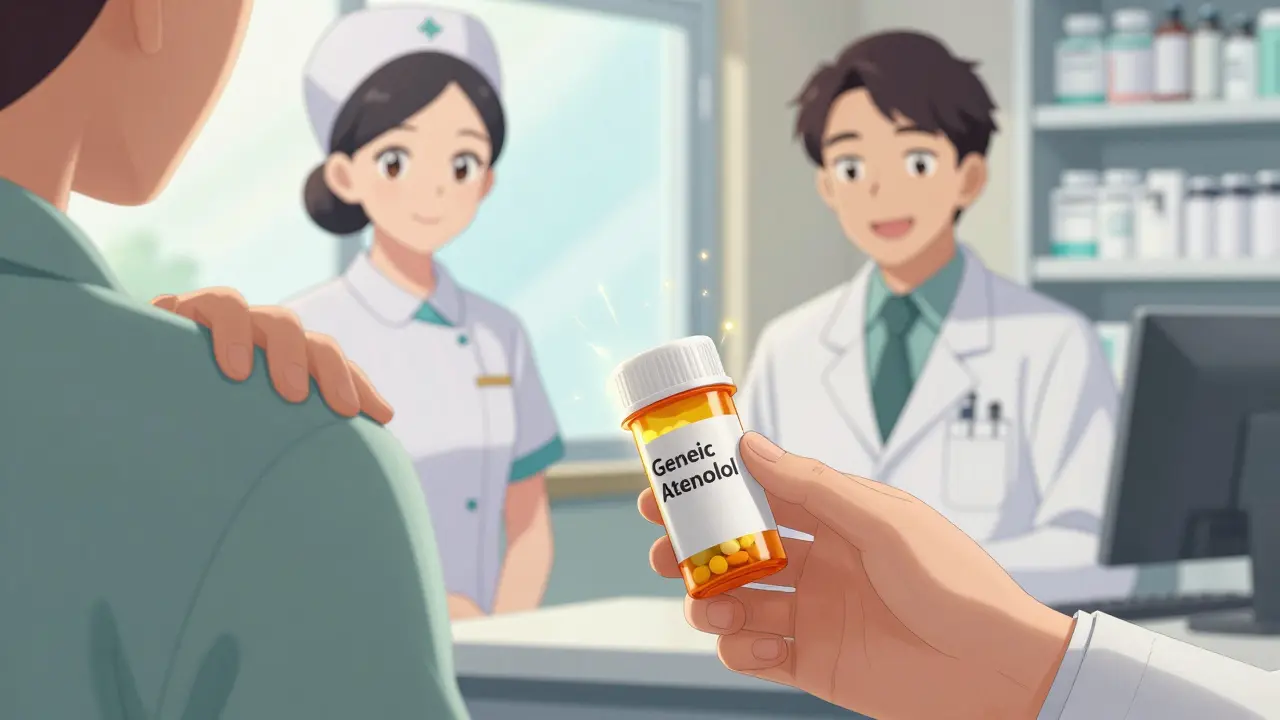 A patient receives a generic medication bottle from a pharmacist while a nurse and doctor offer supportive smiles in a sunlit clinic.