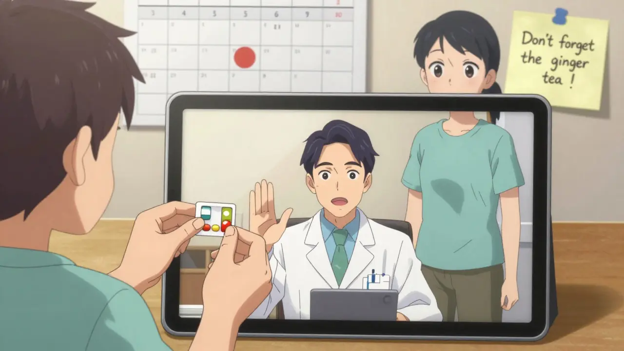 A patient showing medications during a video call with a pharmacist, with a family member assisting and a calendar marked for next appointment.