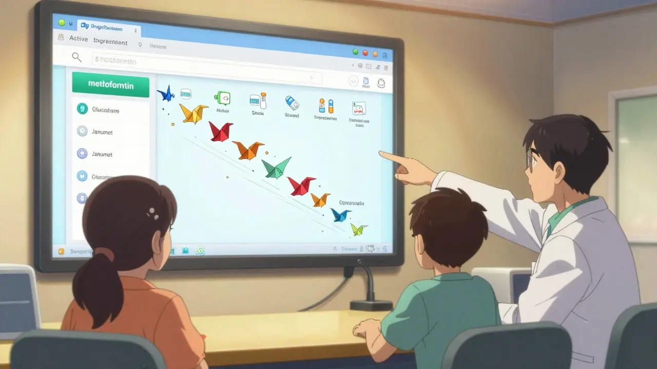 A pharmacist showing active ingredient search results for metformin on a screen, with multiple drug versions appearing like origami birds.