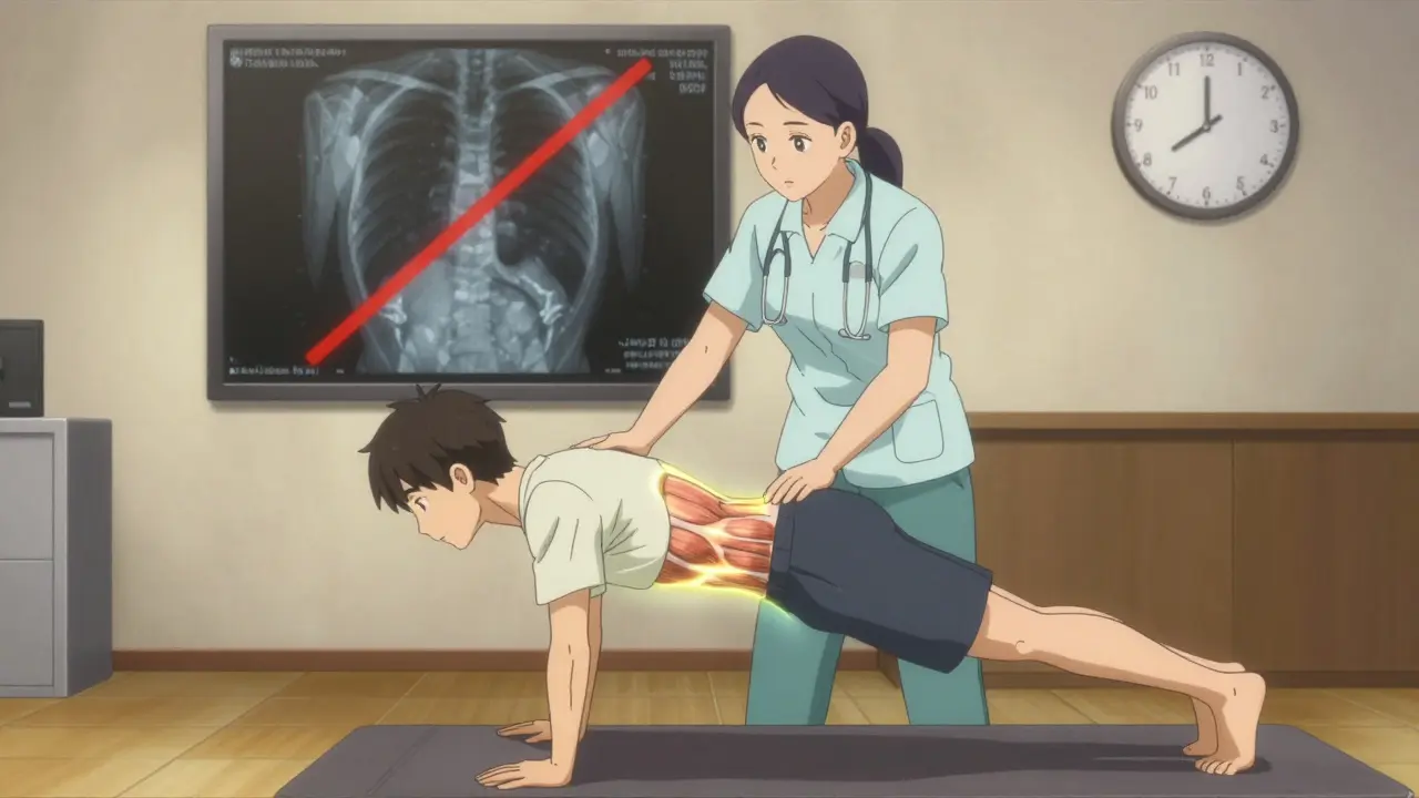 A physiotherapist guiding a patient through a core exercise with energy lines highlighting muscle activation.