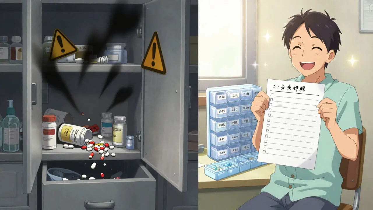 A split panel showing chaotic medicine clutter on one side and an organized, labeled pill system on the other, with a happy patient holding their updated list.