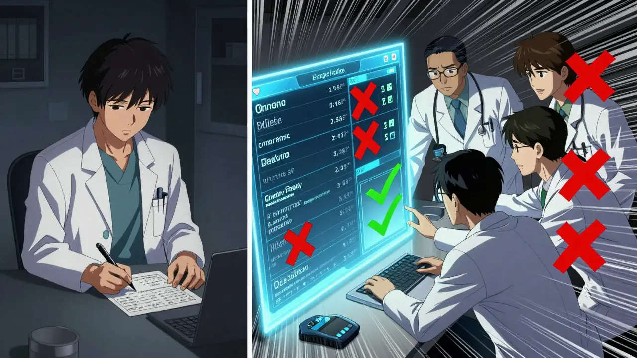 A split scene contrasts a solitary doctor with a collaborative care team using a glowing digital system to optimize medication choices.
