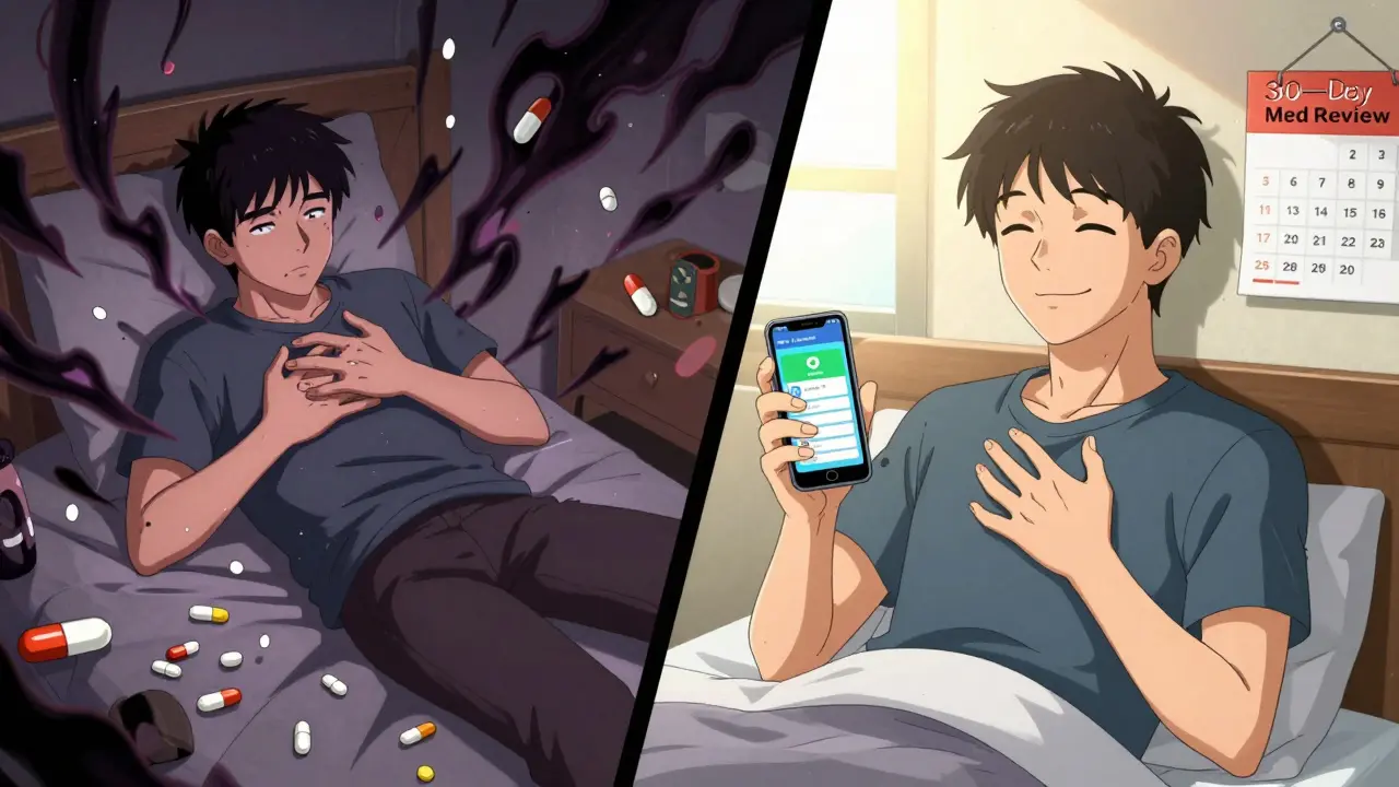 Contrasting scenes of drug interaction danger vs. safe medication management.