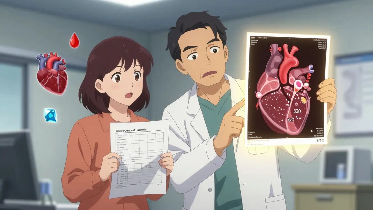 Couple in doctor's office reviewing risk calculator and coronary calcium scan