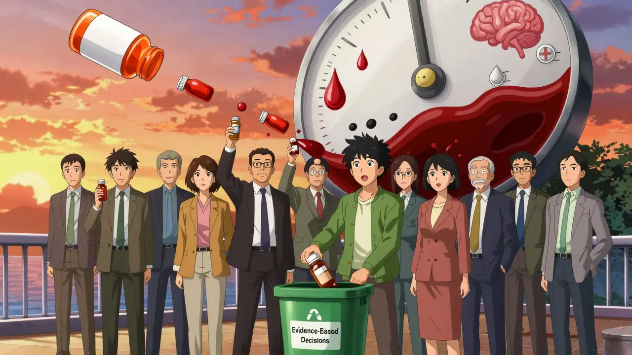 Diverse group of people dropping aspirin bottles as bleeding risks outweigh benefits