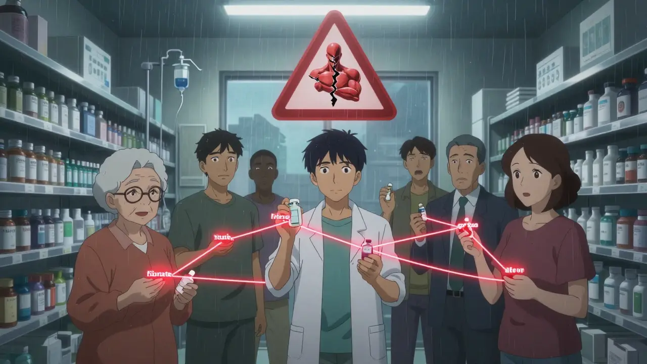 Diverse patients holding medications with glowing red interaction lines, warning sign shaped like broken muscle above.