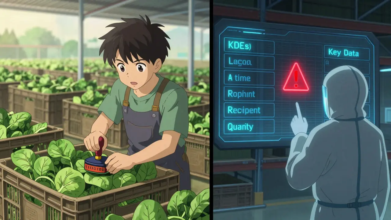 Farm worker stamping a traceability code on spinach crate while digital dashboard displays real-time supply chain data.
