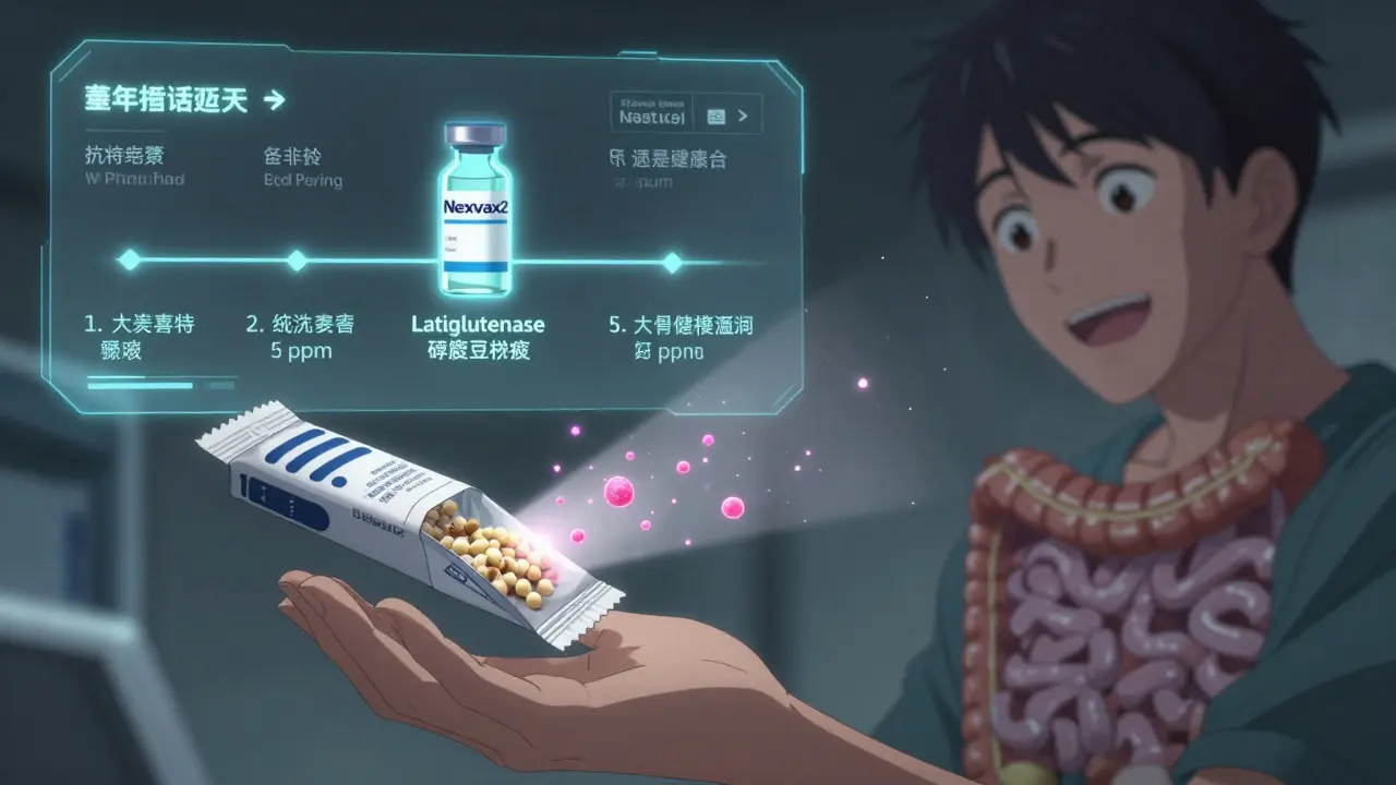 Futuristic device scanning food for gluten particles, with medical advancements glowing in background.