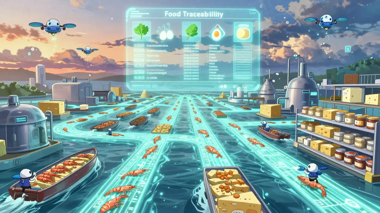 Glowing food supply chain river with lot codes flowing from farms to stores, guided by FDA data drones and holographic list.