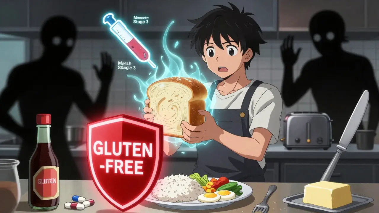 Person holding bread with ghostly gluten aura surrounded by hidden gluten sources, protected by a gluten-free shield.