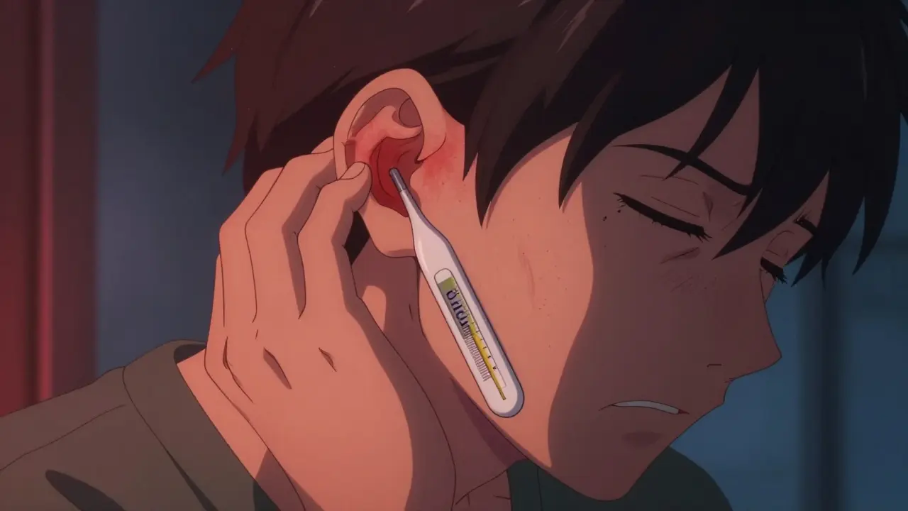 Person with swollen ear and fever symptoms