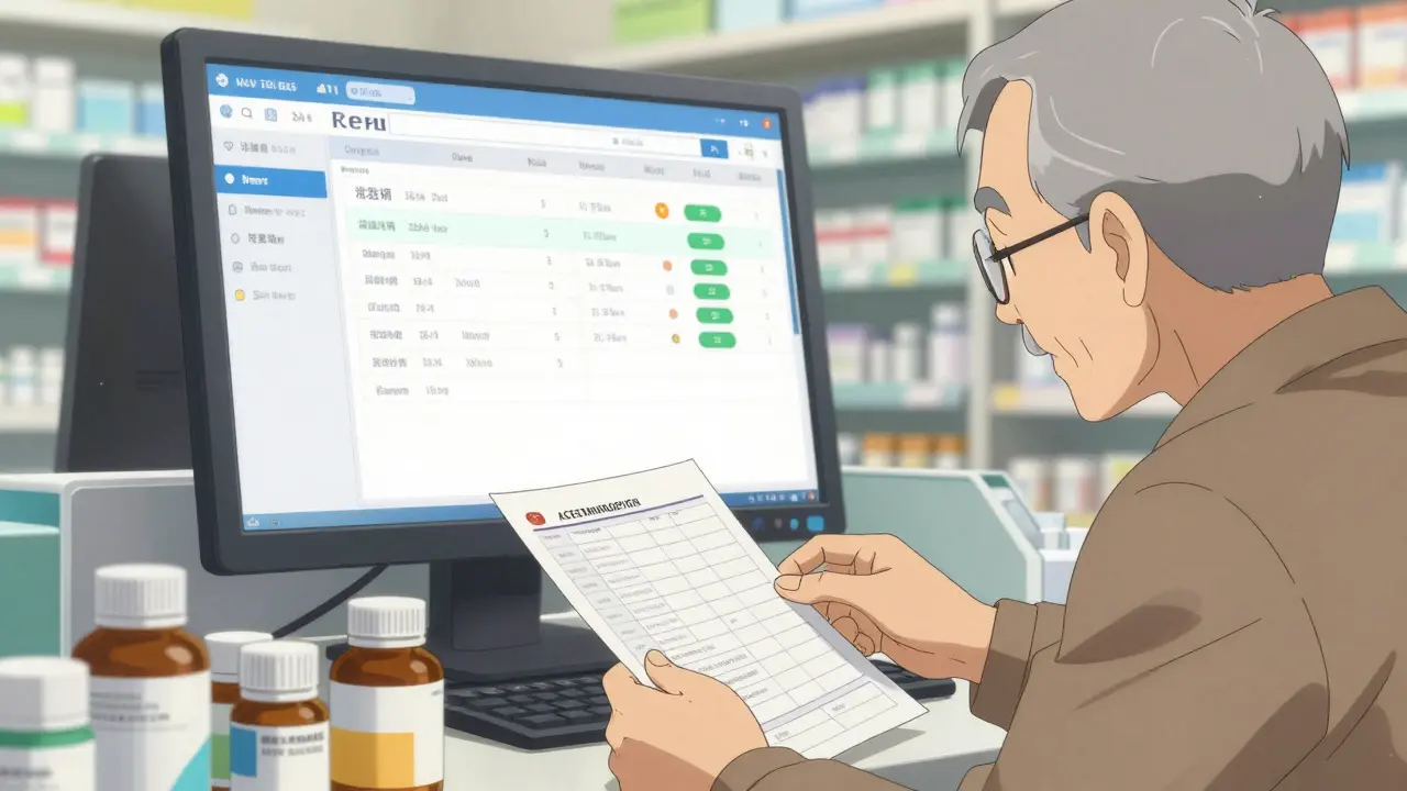 Pharmacist helping an elderly man understand medication safety at a pharmacy counter.