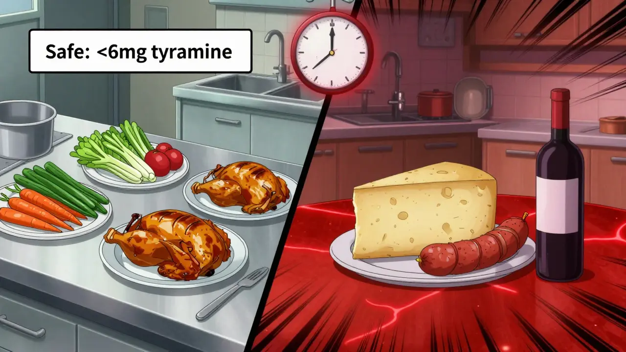 Split scene: safe hospital meal vs. dangerous home foods with 14-day countdown.
