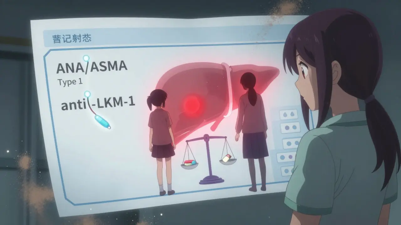 Two patient silhouettes with glowing antibody markers beside a pulsing liver, a pill and crumbling bone symbolizing treatment side effects.