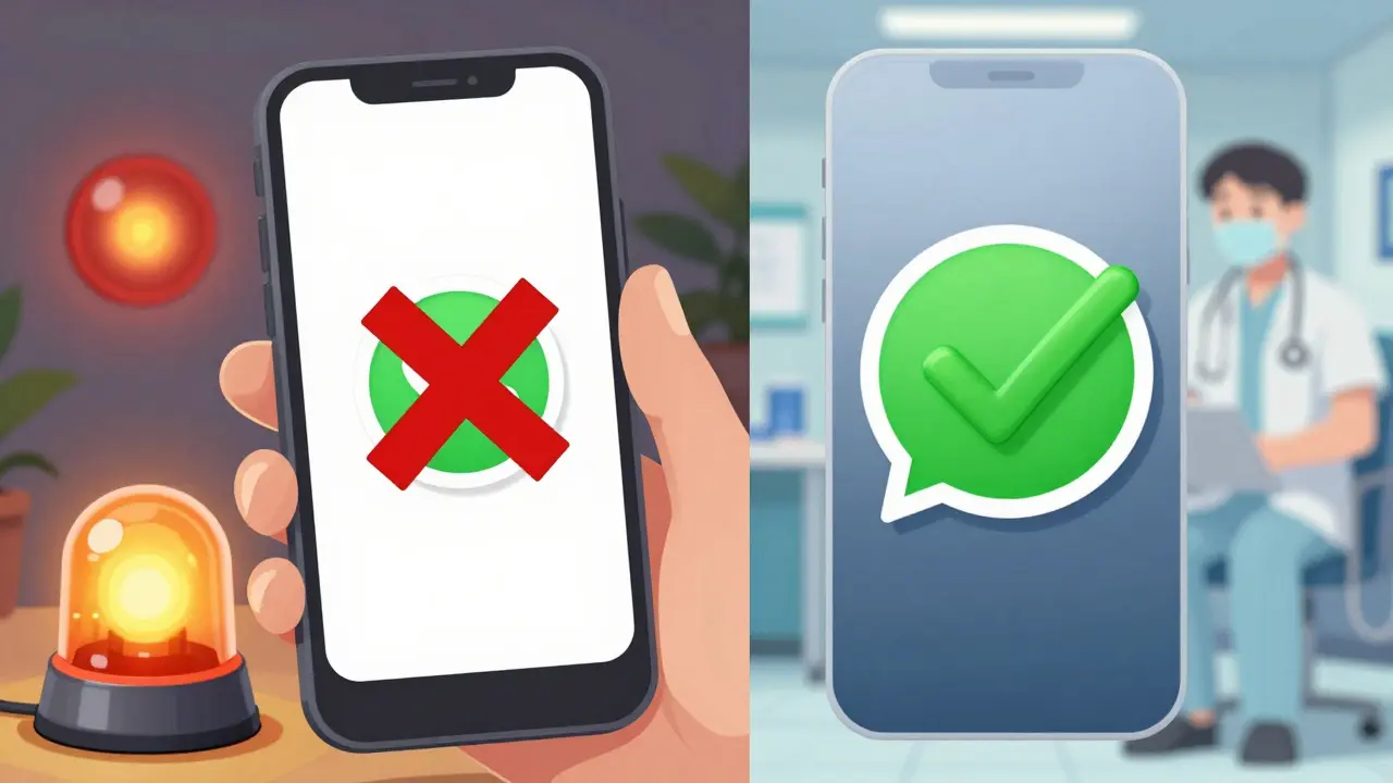 Unsecure WhatsApp message blocked vs secure messaging approval.