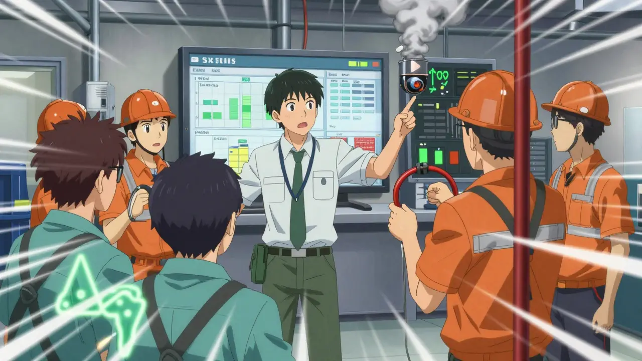 Workers practice emergency safety procedures in a manufacturing plant, with real-time dashboards and glowing safety symbols.