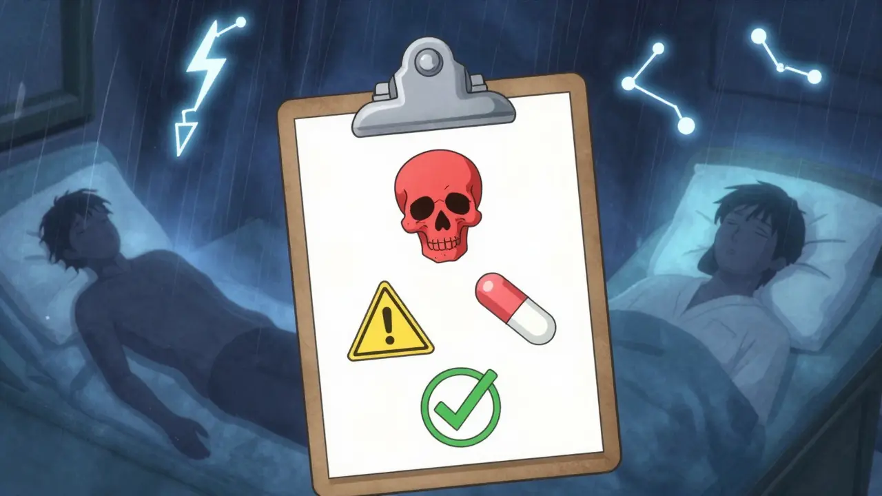 A doctor's clipboard showing opioid risk levels: red skull for tramadol, yellow caution for methadone, green check for morphine.