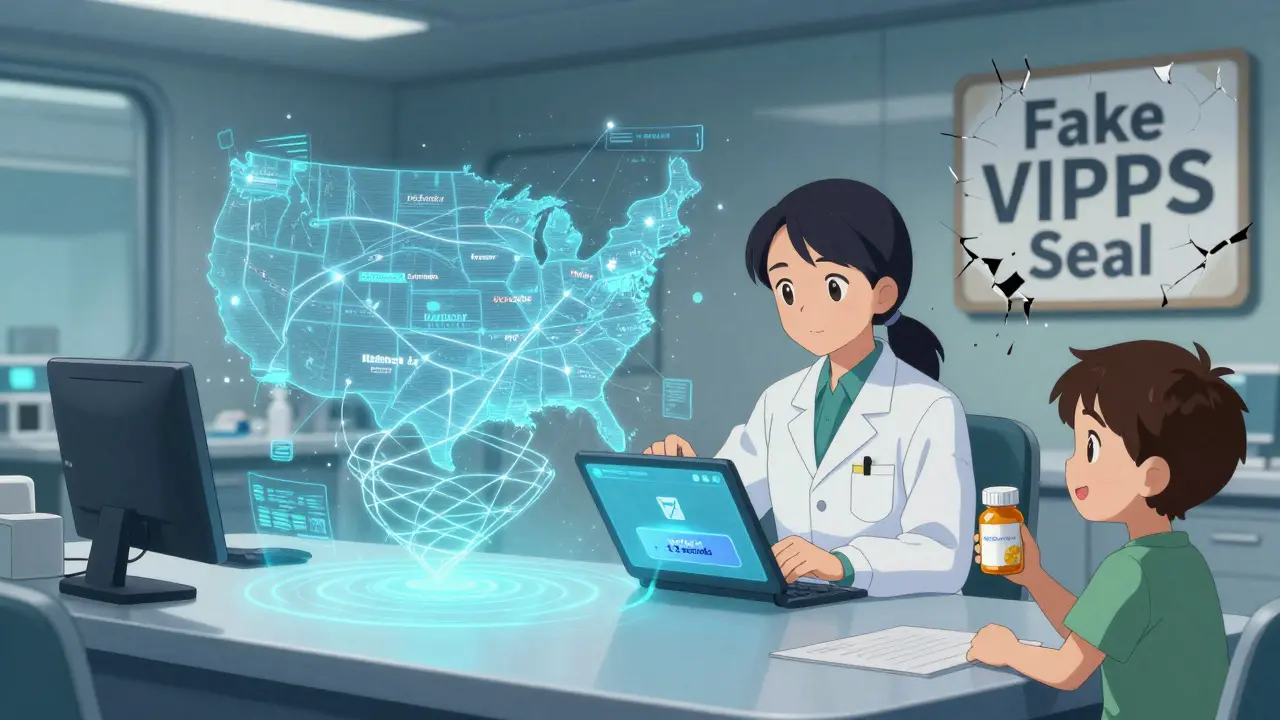 A futuristic hospital interface verifying pharmacy licenses via blockchain, with real-time confirmation and a child safely holding medication.