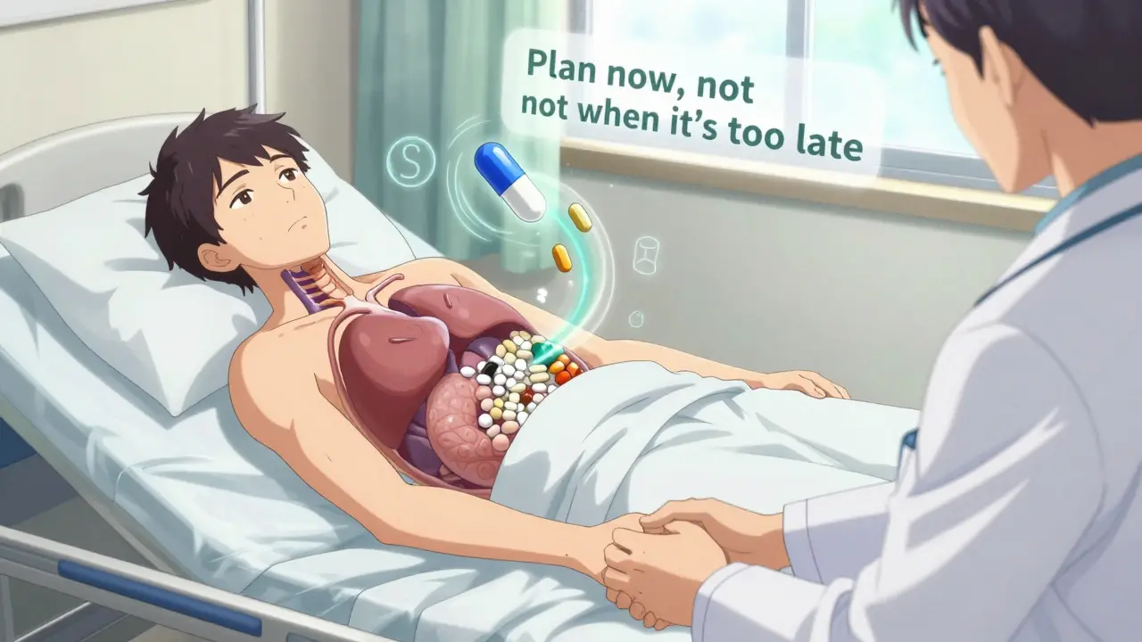 A patient's body shows a branded drug transforming into a generic tablet, with side effects flickering nearby.